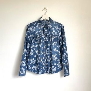 Medium Wash Denim Chambray White Floral Snap Button Shirt Size Medium
